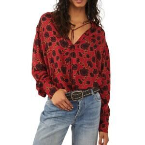 Free People Women's size XS Mia Tunic Red Floral V-neck Blouse Boho Pirate Top